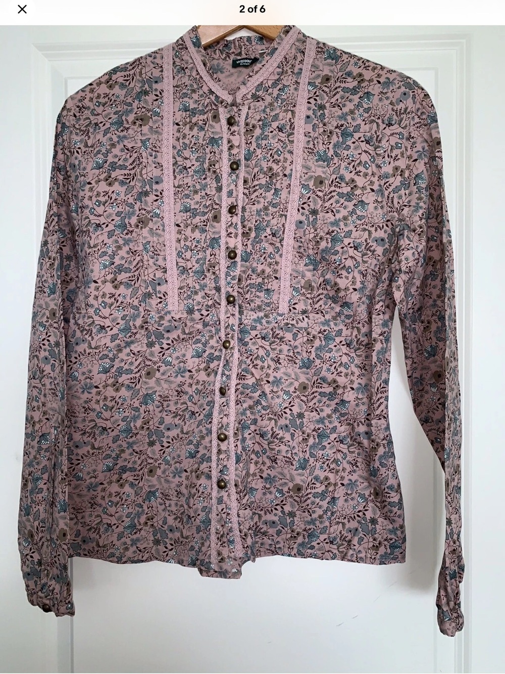 Floral Pink Lace-Trim Button-Down Blouse